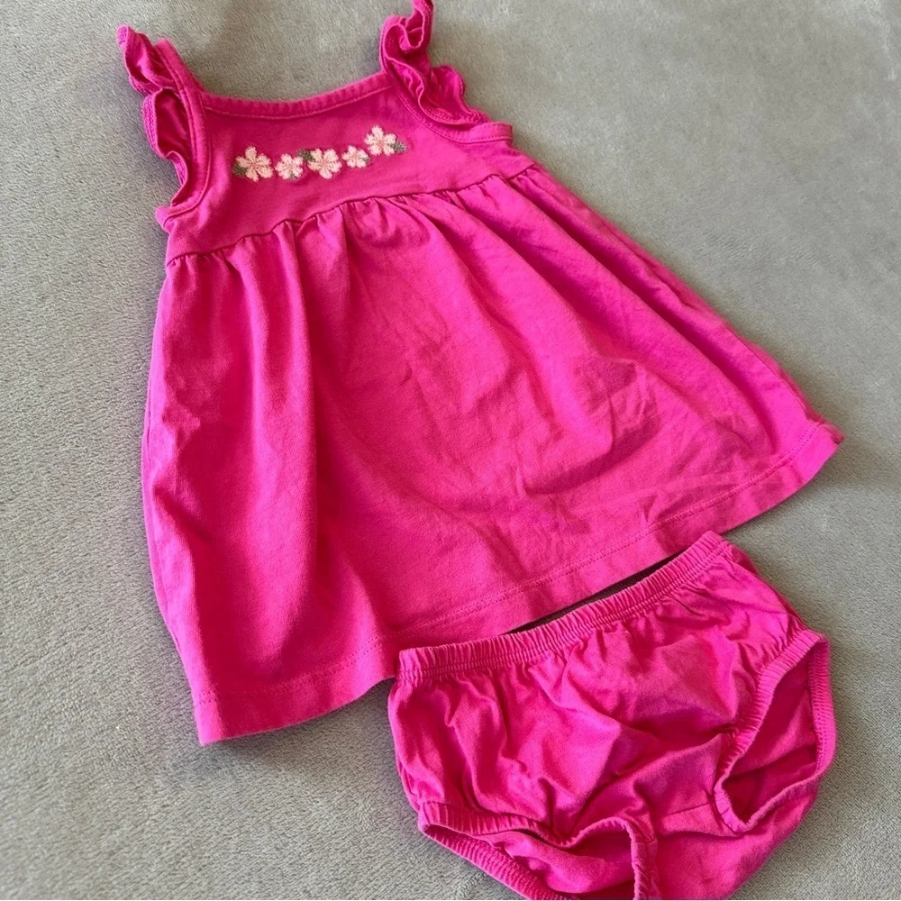 EUC Carter’s Baby Girl 2pc Sun Dress Set, Hot Pink Flowers, 6-9 Months